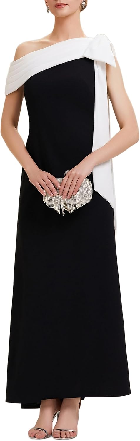One-Shoulder Bow-Sash Crepe Maxi Dress (Sleeveless, Wedding Guest & Semi-Formal Evening)