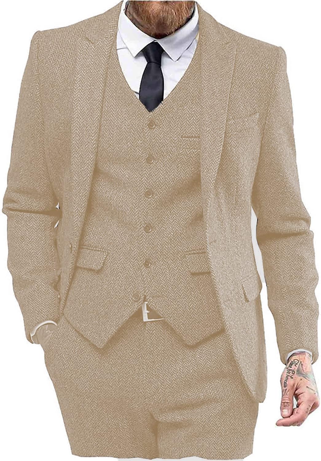 Herringbone Peak-Lapel Three-Piece Tweed Tuxedo