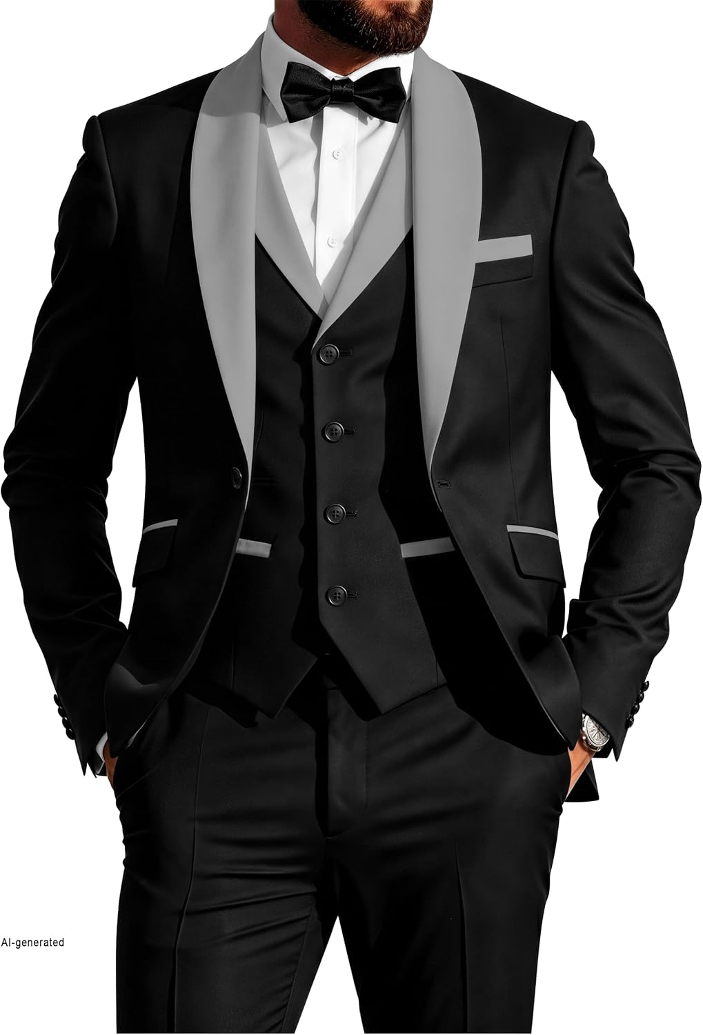 Black Shawl-Lapel Three-Piece Tuxedo (Double Vent)