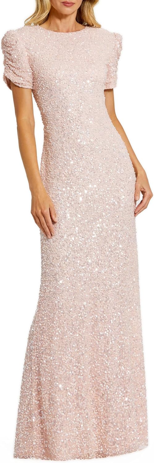 Beaded Mesh High-Neck Puff-Sleeve Gown